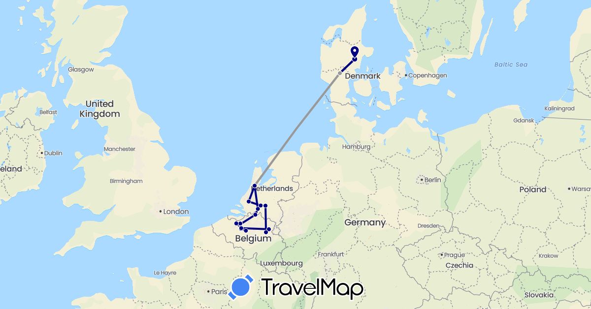 TravelMap itinerary: driving, plane in Belgium, Denmark, Netherlands (Europe)
